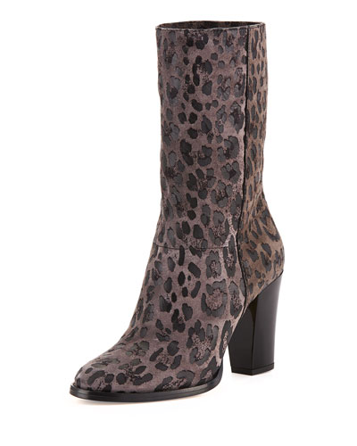 X25VM Jimmy Choo Music Leopard-Print Suede Ankle Boot, Gray