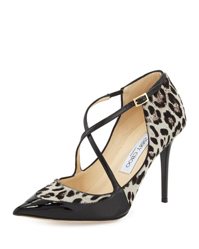 X25QA Jimmy Choo Mallow Calf Hair Crisscross Pump, Leopard/Black