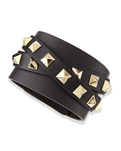 Y251D Valentino Multi-Wrap Rockstud Leather Bracelet, Black/Platino