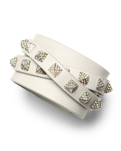 Y1PU1 Valentino Rockstud Multi-Strand Crystal-Stud Leather Bracelet, Ivory