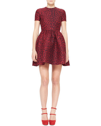 B2KV1 Valentino Short-Sleeve Leopard-Print Bambolina Dress, Red