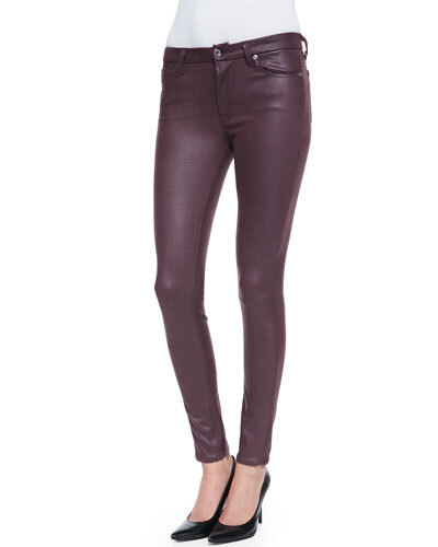 T8JGE 7 For All Mankind Leather-Like Skinny Pants, Burgundy Crackle