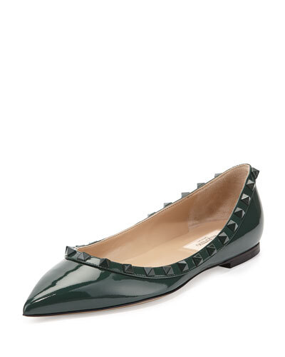 X27T0 Valentino Rockstud Tonal Patent Ballerina Flat, Dark Green