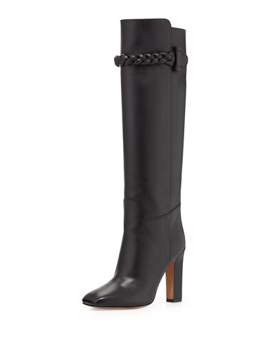 X2A07 Valentino Calfskin Braided Strap Knee Boot, Black