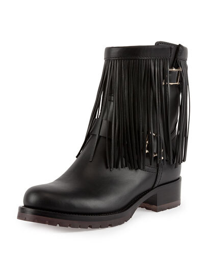 X2A03 Valentino Fringe Leather Biker Boot, Black