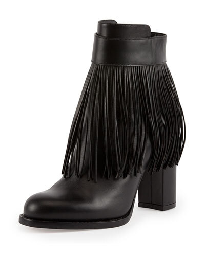 X2A0B Valentino Fringe Leather Ankle Boot, Nero