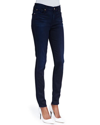 T7P0E 7 For All Mankind High-Waist Skinny Jeans, Blue Black Sateen