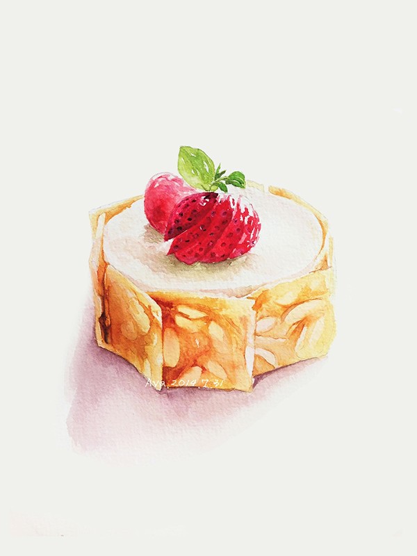 水彩甜点插画-杏仁饼慕斯。