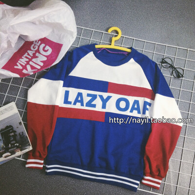 定制 欧美潮牌 官网同步 LAZY OAF 古着感 红蓝配色BF宽松长款卫衣