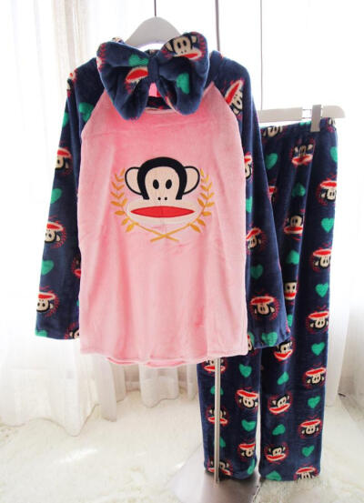 超萌麦穗猴 插肩袖法兰绒睡衣套装女冬季加厚家居服两件套送发带