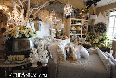 Soft linen bedding, beautiful handmade pillows, lots of vintage accessories, chandeliers and mirrors.... it goes on and on @LaurieAnna's Vintage Home!