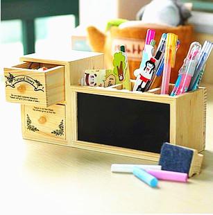 礼物韩国创意时尚木质制抽屉式收纳盒DIY多功能笔筒黑板