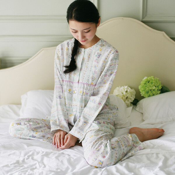 春秋季新款日系清新女士纯棉双层纱布长袖睡衣套装圆领印花家居服