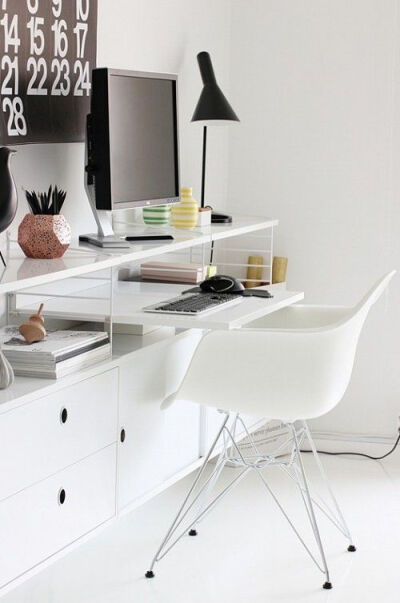 White eames DAR chair and string shelving. Clever use of space for a little desk #office