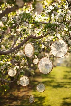 love this idea! hanging little things from trees! very... whimsical :) i would hang all sorts of things like forks and mirror shards and seashells