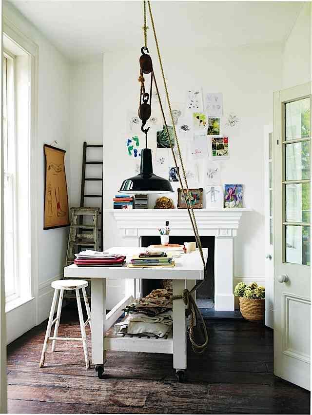 studio with oversized lamp on a pulley