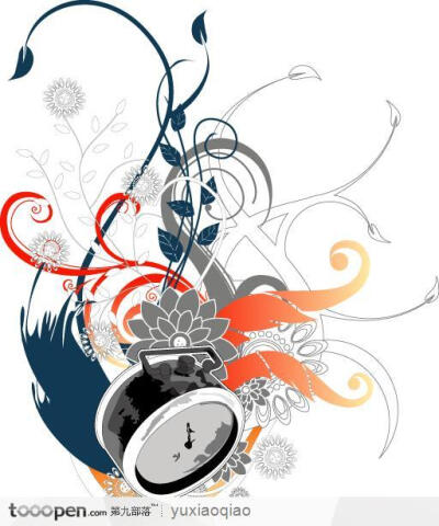 时尚矢量花纹-架子鼓花朵枝叶线条