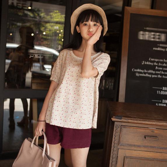 夏季森系蕾丝花边宽松圆领碎花短袖t恤 复古清新棉麻上衣女