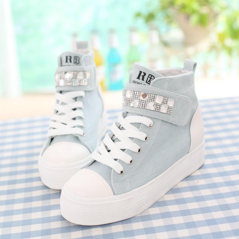 人本秋季高帮魔术贴帆布鞋内增高女鞋厚底松糕休闲鞋女韩版潮