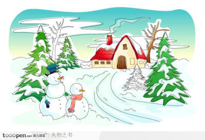 儿童线条插画系列之雪地雪人松树