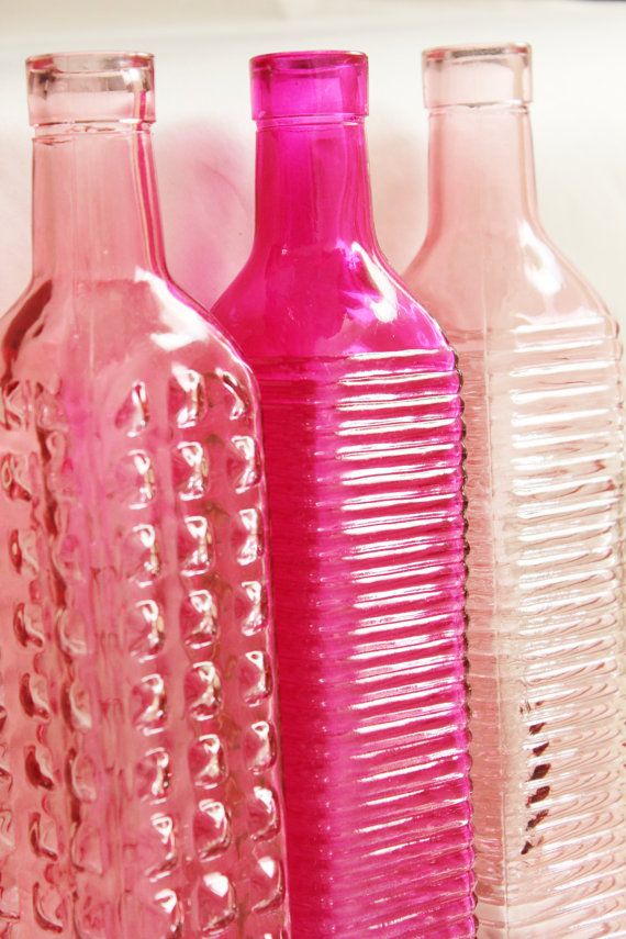 Set of 10 HOT PINK GLASS Bottles Pink Blush Fuchsia Magenta Colored Wedding Rustic Vintage Peach Rainbow Flowers Bottle Vase