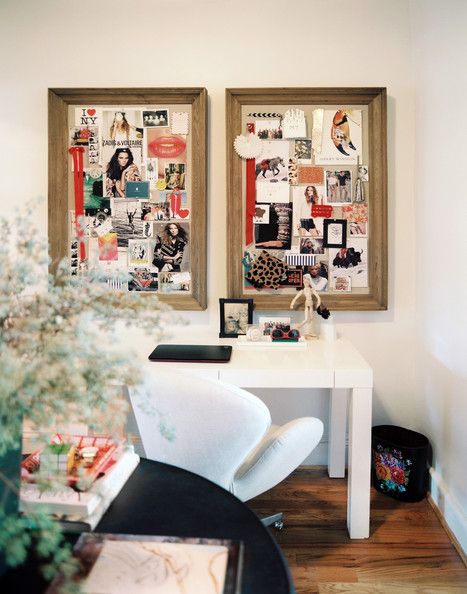 Work Space Photo - A pair of inspiration boards above a white Parsons desk and an upholstered desk chair