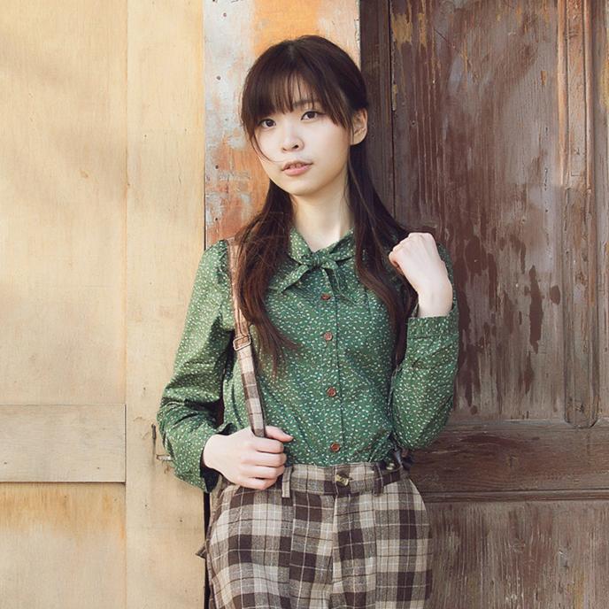 谧私文艺复古森林系纯棉田园碎花蝴蝶领结翻领长袖衬衫森女衬衣秋