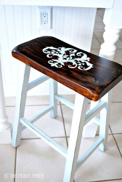 stenciled and painted bar stools- i have these stools! Bought them for 6 dollars and they need a major face lift! Plus this matches my table perfectly!