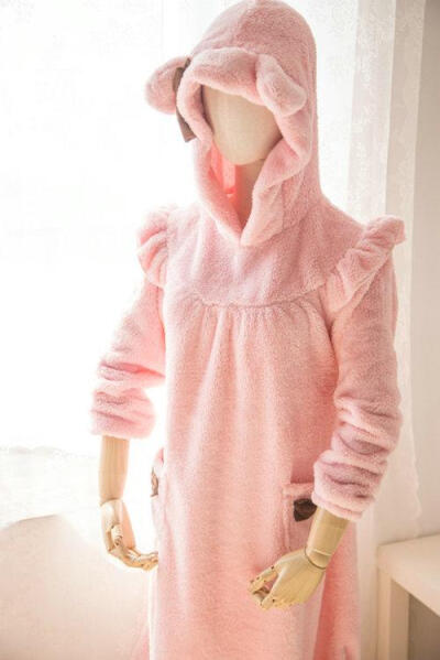 ~韩国订单 宫廷风熊耳朵加长珊瑚绒睡 秋冬季粉粉睡裙家居服