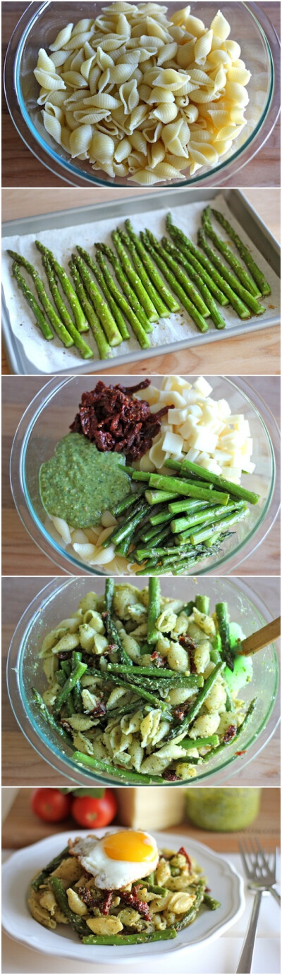 Pesto Pasta with Sun Dried Tomatoes and Roasted Asparagus