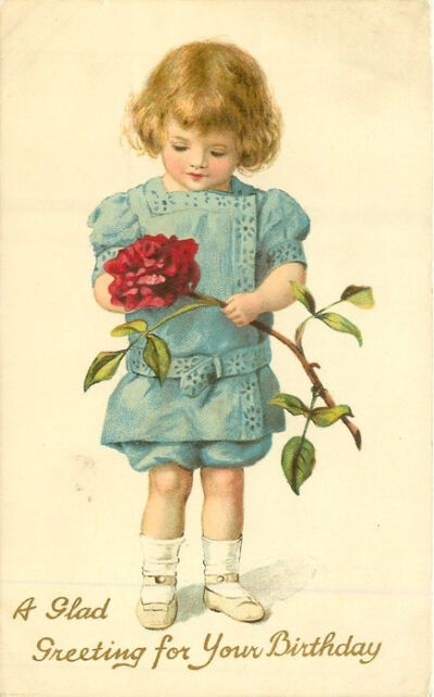 A GLAD GREETING FOR YOUR BIRTHDAY girl in blue holds &amp;amp; looks down at exaggerated red rose