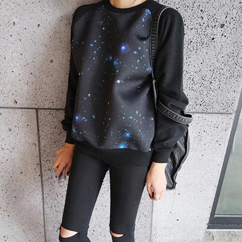 2014韩国新款ulzzang原宿BF渐变彩色宇宙科幻星空宽松卫衣长袖T恤…