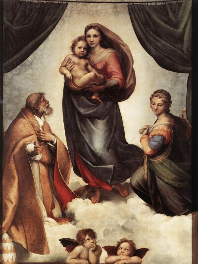 《西斯廷圣母》为拉斐尔“圣母像”中的代表作，它以甜美、悠然的抒情风格而闻名遐迩。这幅祭坛画，指定装饰在为纪念教皇西克斯特二世而重建的西斯廷教堂内的礼拜堂里的。最初它被放在教堂的神龛上，至1574年，一直保…