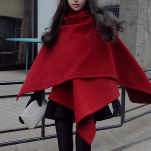 韩国 时尚百变羊绒呢红色斗蓬外套 高贵奢华大衣披肩外套