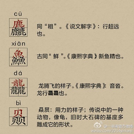 【分享加強(qiáng)版“三疊字”】叒(ruò)，掱(pá)，畾(lěi)，歮(sè)，孨(zhuǎn)，皛(xiǎo)，舙(huà)，骉(biāo)，羴(shān)，赑(bì)，毳(cuì)，鱻(xiān)，轟(hōng)，矗(chù)，馫(xīn)。上必殺技：麤(cū)，飍(xiū)，飝(fēi)，龘(dá)