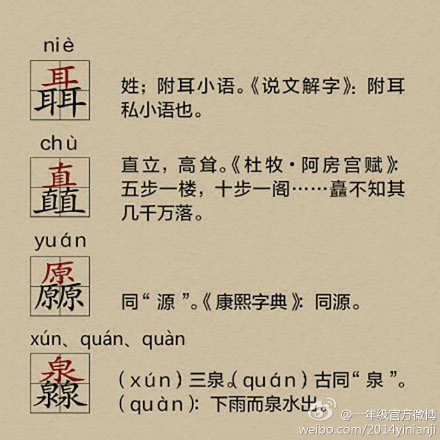 【分享加強(qiáng)版“三疊字”】叒(ruò)，掱(pá)，畾(lěi)，歮(sè)，孨(zhuǎn)，皛(xiǎo)，舙(huà)，骉(biāo)，羴(shān)，赑(bì)，毳(cuì)，鱻(xiān)，轟(hōng)，矗(chù)，馫(xīn)。上必殺技：麤(cū)，飍(xiū)，飝(fēi)，龘(dá)