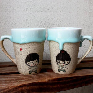 卡通情侣对杯水杯手绘陶瓷杯子把手马克杯创意礼物磨砂大礼物定制
