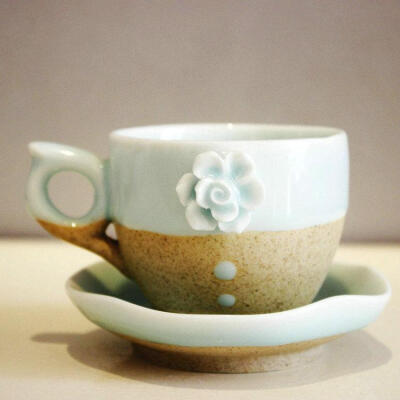 手工陶瓷咖啡杯碟陶艺杯捏花青釉磨砂简约现代咖啡水杯办公室礼物