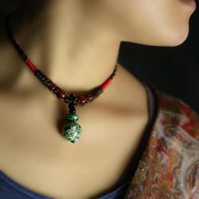 民族风DIY红玛瑙松石复古波西米亚特色吊坠项链女颈链锁骨链礼品