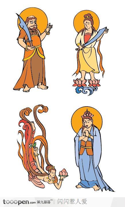 中国风卡通人物男女仙人大刀和月亮