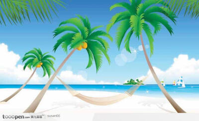 天空椰树沙滩吊床矢量风景插画
