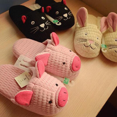 秋冬季卡通女士粉色可爱甜美小兔子猪保暖毛线地板拖鞋家居月子鞋