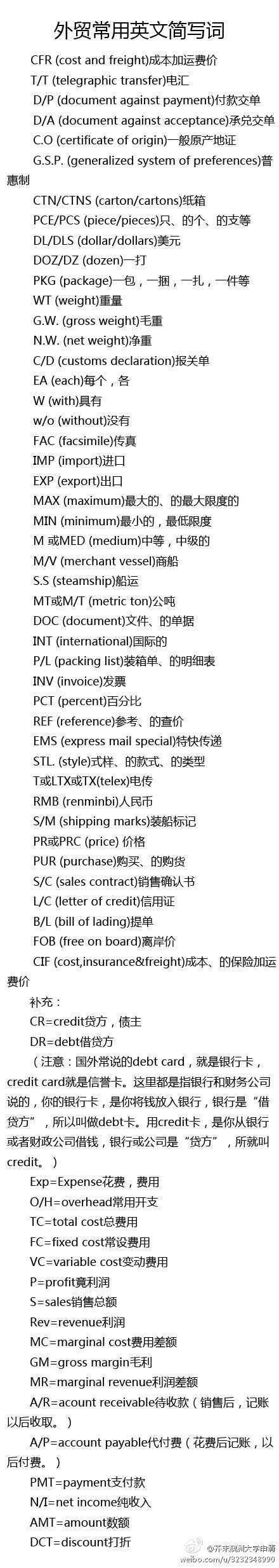 外贸用语，专门给学国际贸易的童鞋们的！