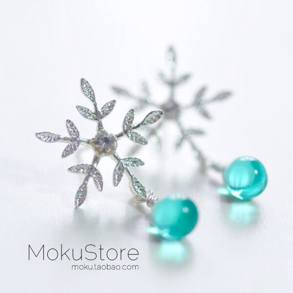 定制 MokuStore●手工●清新森林系 镀银雪花+琉璃珠 耳钉[冰雪奇缘]