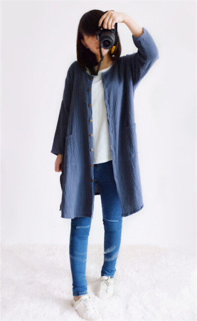 秋装女纯棉长开衫文艺范儿清新外套式长袖衬衫宽松森女风长衫