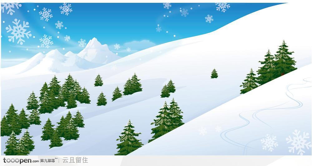 雪花飘落雪山松树风景插画