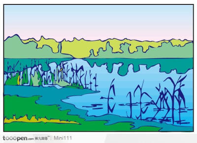 山峰湖泊植物矢量插图