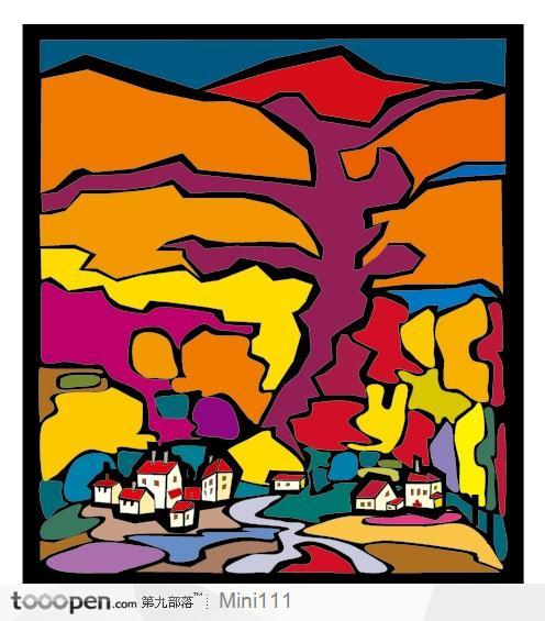 村庄群山装饰画素材