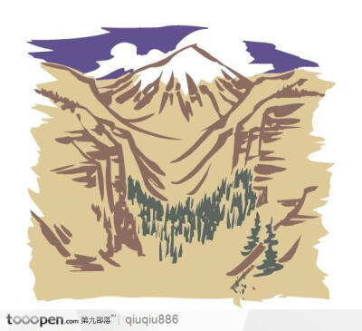 手绘笔触山峰树木插图素材