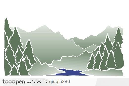 树林湖泊风景插画素材